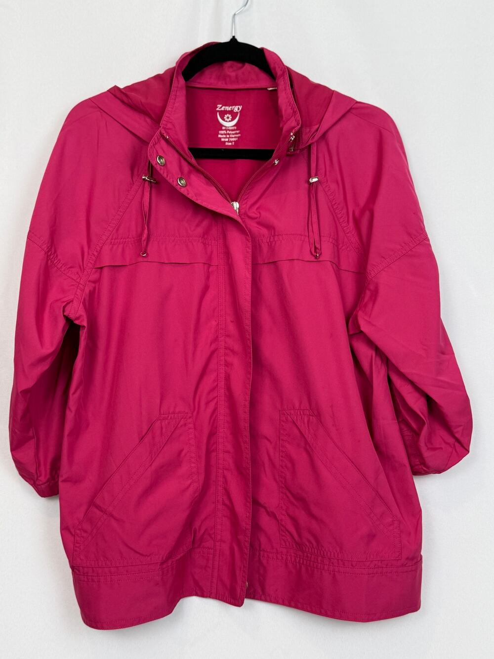 Zenergy by Chico's Size 2 Raspberry Hooded Windbreaker Jacket Full Zip L